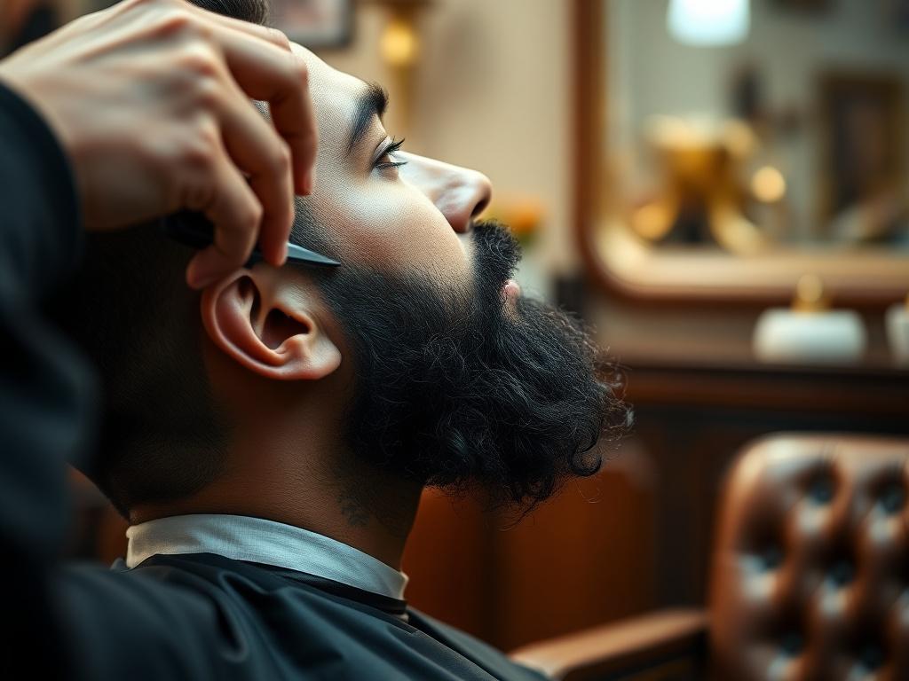 Side profile of a barber shaping a thick beard with small scissors