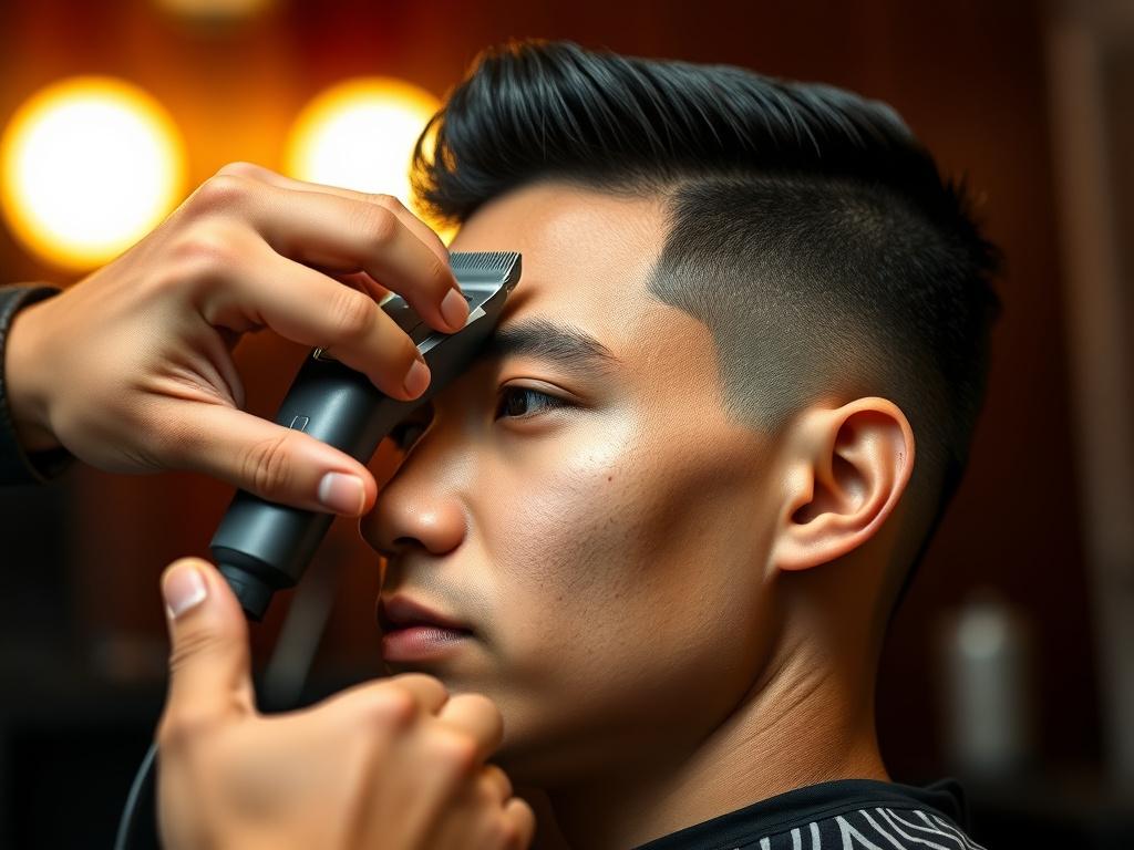 Close-up of a barber finishing a low skin fade with clippers