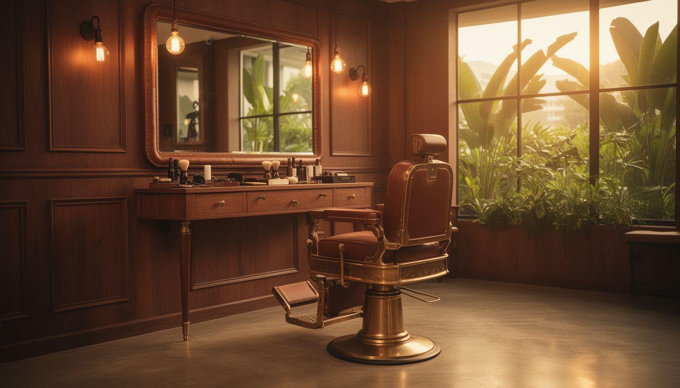 Warm interior of the Omnitura grooming lounge with brass-detailed barber chairs and mahogany panelling