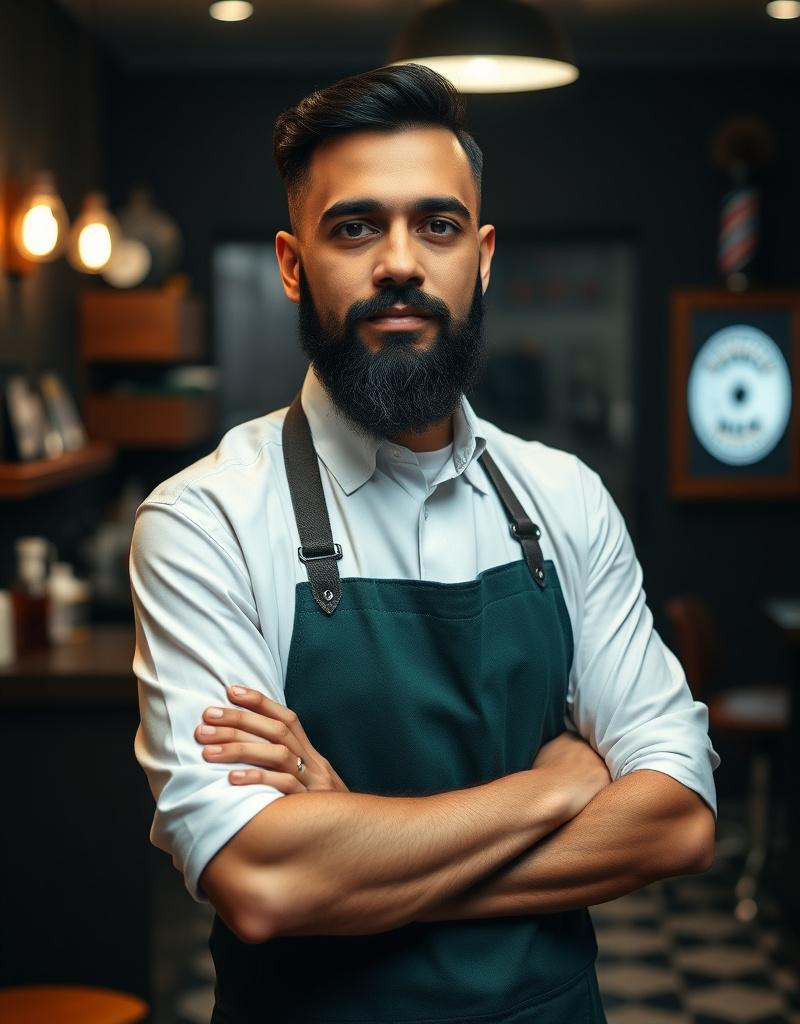 Portrait of head barber Razlan Idris standing in the lounge