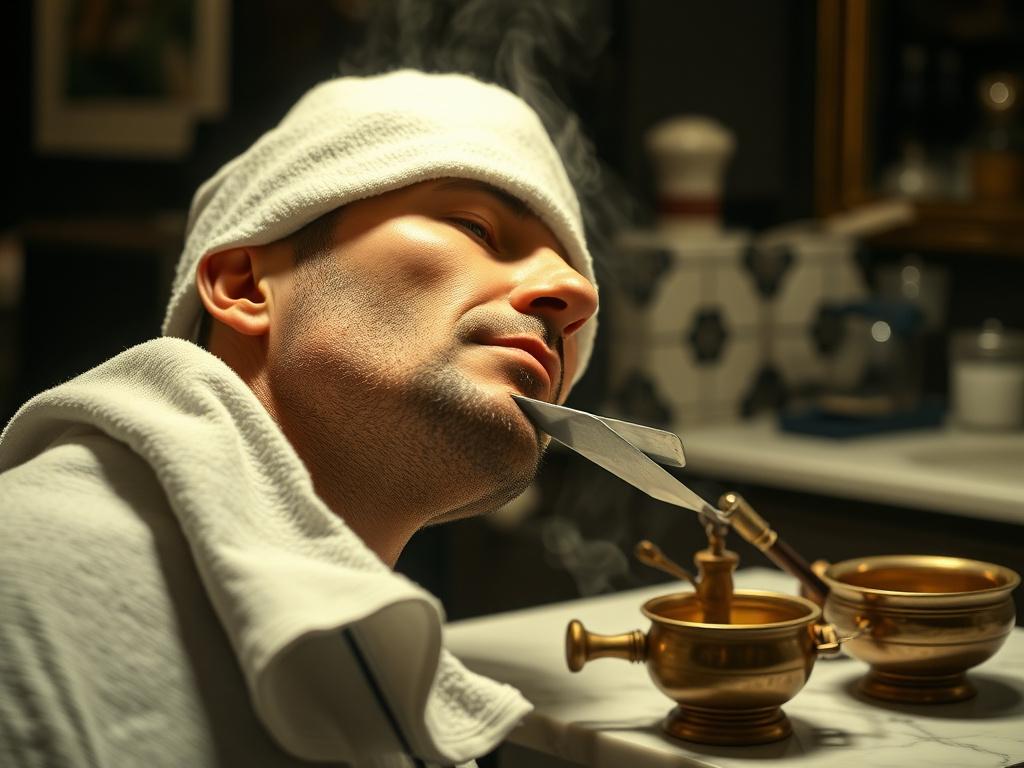 Folded hot white towel resting on a man's face during a straight-razor shave