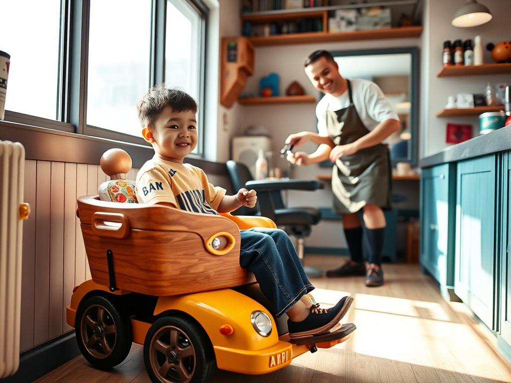 A young boy getting a haircut in the kids corner of the lounge